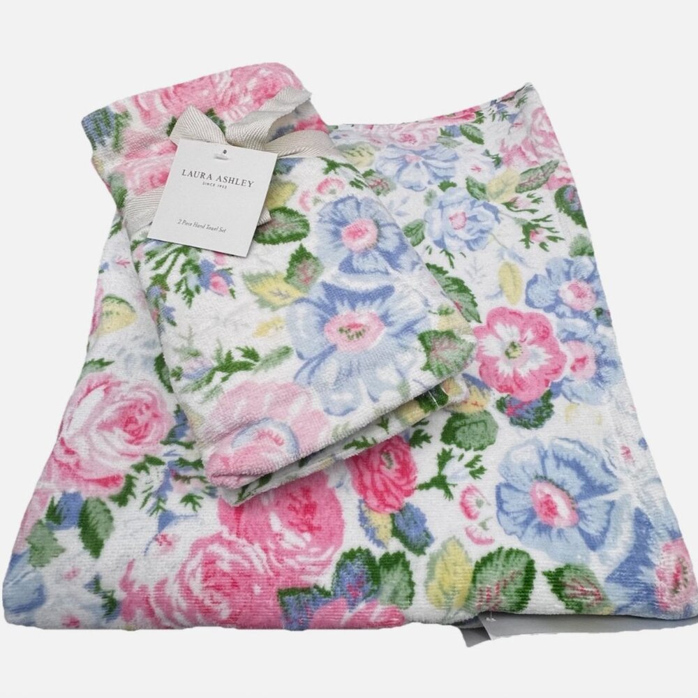 4 pc Laura Ashley FLORAL QUARTET Pink Blue Velour 2 Bath 2 Hand Towel Set Pastel